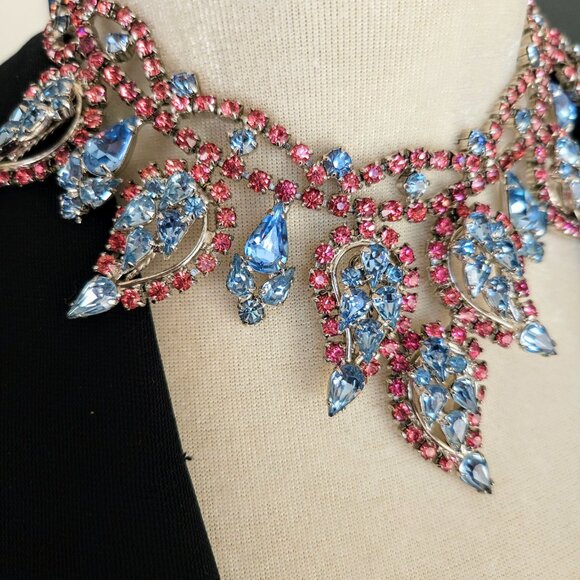 Stunning Vintage Blue & Pink Rhinestone Collar Bib Choker Necklace & Earring Set - Picture 5 of 13